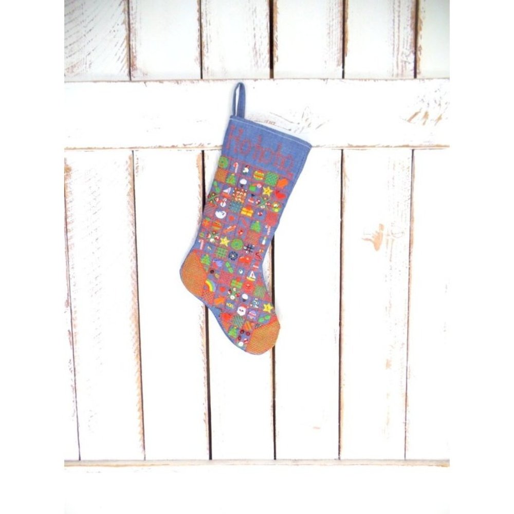 70s vintage blue jean denim handmade embroidered rustic Christmas stocking
